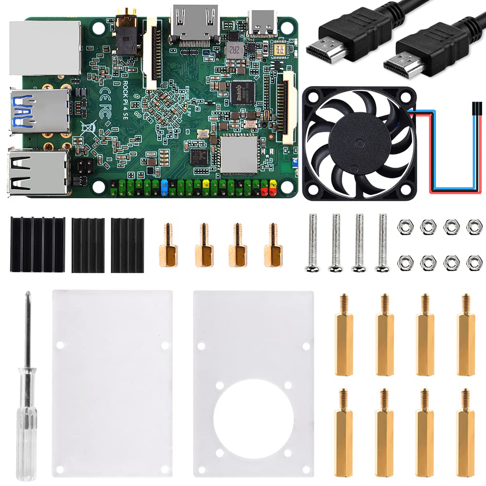 GeeekPi Rock Pi 4 Model SE Starter Kit with Rock Pi 4 SE 4GB Single Board Computer, Rock Pi 4 SE Case, Rock Pi 4 SE 4007 PWM Fan with Speed Control and Rock Pi 4 SE Heatsinks