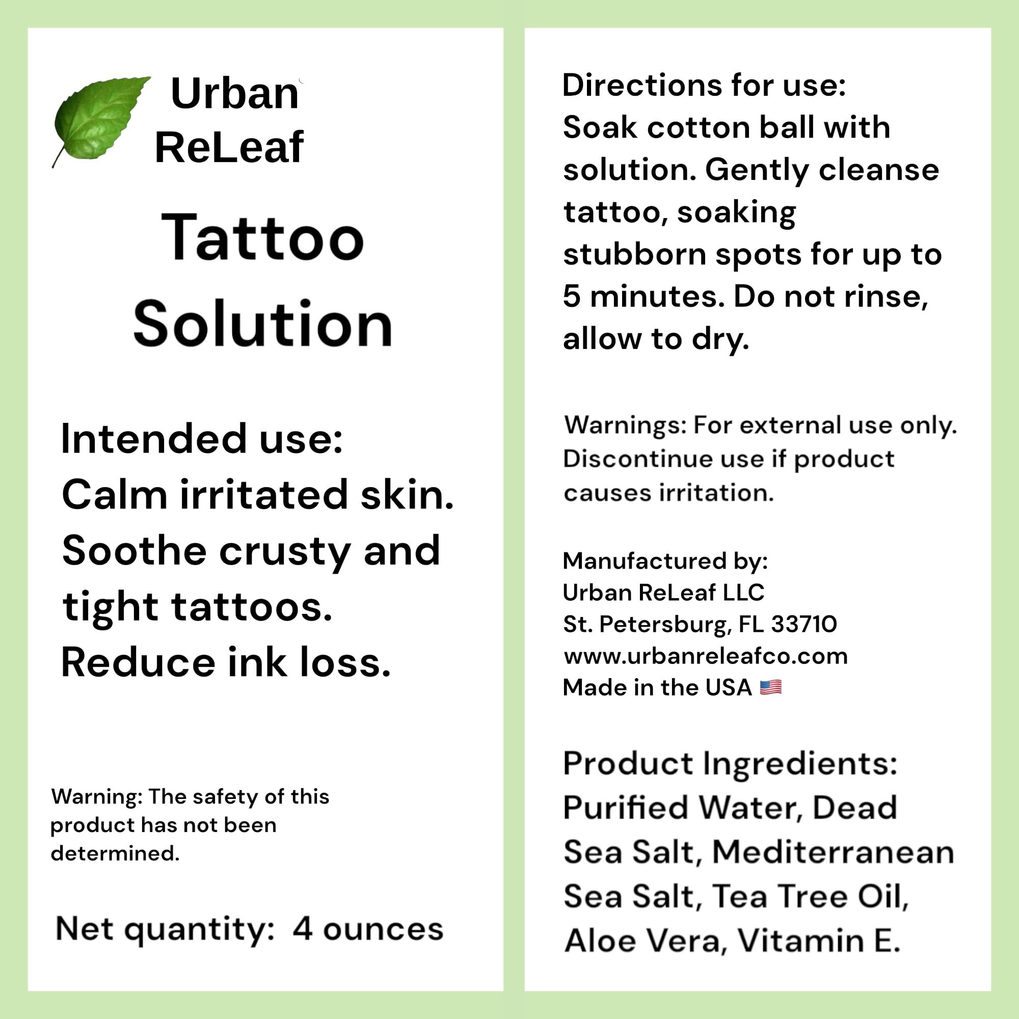 Urban ReLeaf Tattoo Solution ! Natural Sea Salt Aftercare. Safely Clean New Tattoos. Help Skin & Ink Heal Smoothly. Made Fresh in USA. 100% Natural. Reduce ink loss.