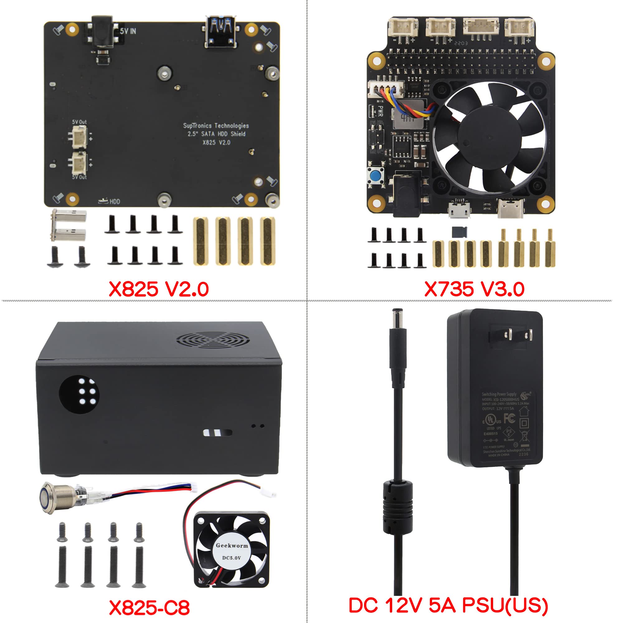 Geekworm X825 V2.0 2.5 inch SATA HDD/SSD Board + X735 Power Management Board + Metal Case with Power Switch and Cooling Fan + DC 12V 5A PSU Kit for Raspberry Pi 4 (Not Include Raspberry Pi 4)