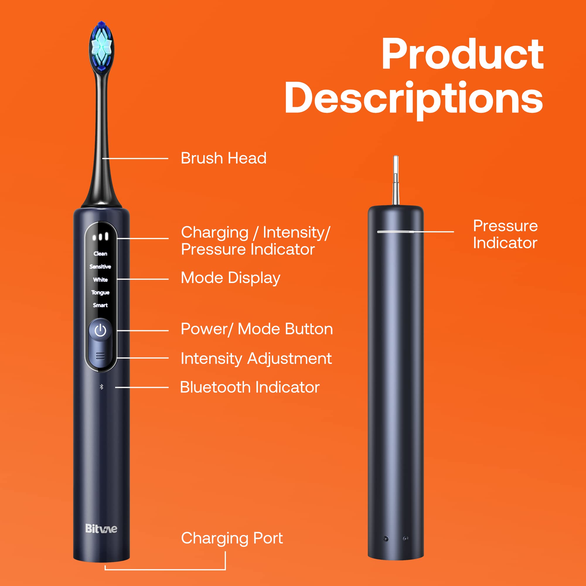 Bitvae Smart S3 Sonic Electric Toothbrush for Adults, 180-Day Battery Life Rechargeable Electric Power Toothbrush with Pressure Sensor, Electric Toothbrush with 4 Brush Heads, Travel Case, Dark Blue