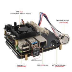 Geekworm X825 V2.0 2.5 inch SATA HDD/SSD Board + X735 Power Management Board + Metal Case with Power Switch and Cooling Fan + DC 12V 5A PSU Kit for Raspberry Pi 4 (Not Include Raspberry Pi 4)