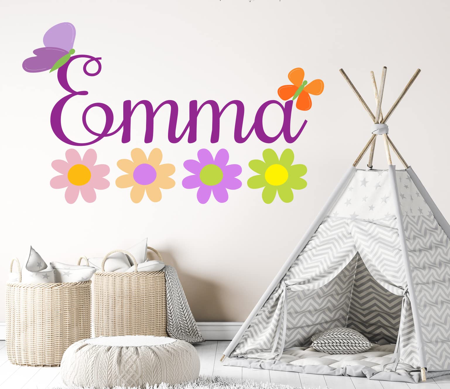 Custom Name Flowers Wall Decal - Personalized Name Butterfly Decor - Daisy Wall Decal Peel and Stick - Pastel Flowers - Girls Flowers Wall Stickers - Wall Decal for Home Nursery Bedroom Decoration