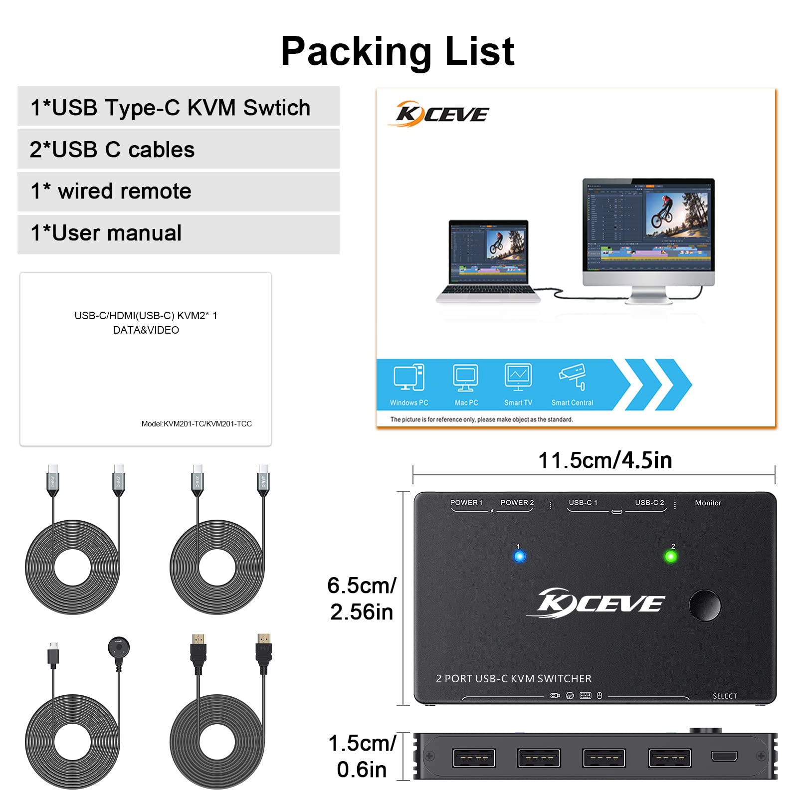 USB Type-C KVM Switch 4K@60Hz, 2 Computers Share 1 Monitor and 4 USB Devices, Compatible with Thunderbolt 3, with 87 W Power Delivery Option, Support HDMI+USB+Type-C 3.1 Input