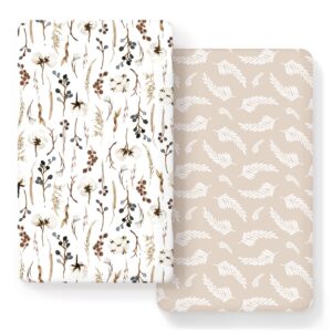 stretch ultra soft jersey knit fitted crib sheets set 2 pack, fits all standard crib mattress pads safe and snug, stylish pretty flora for baby, beige