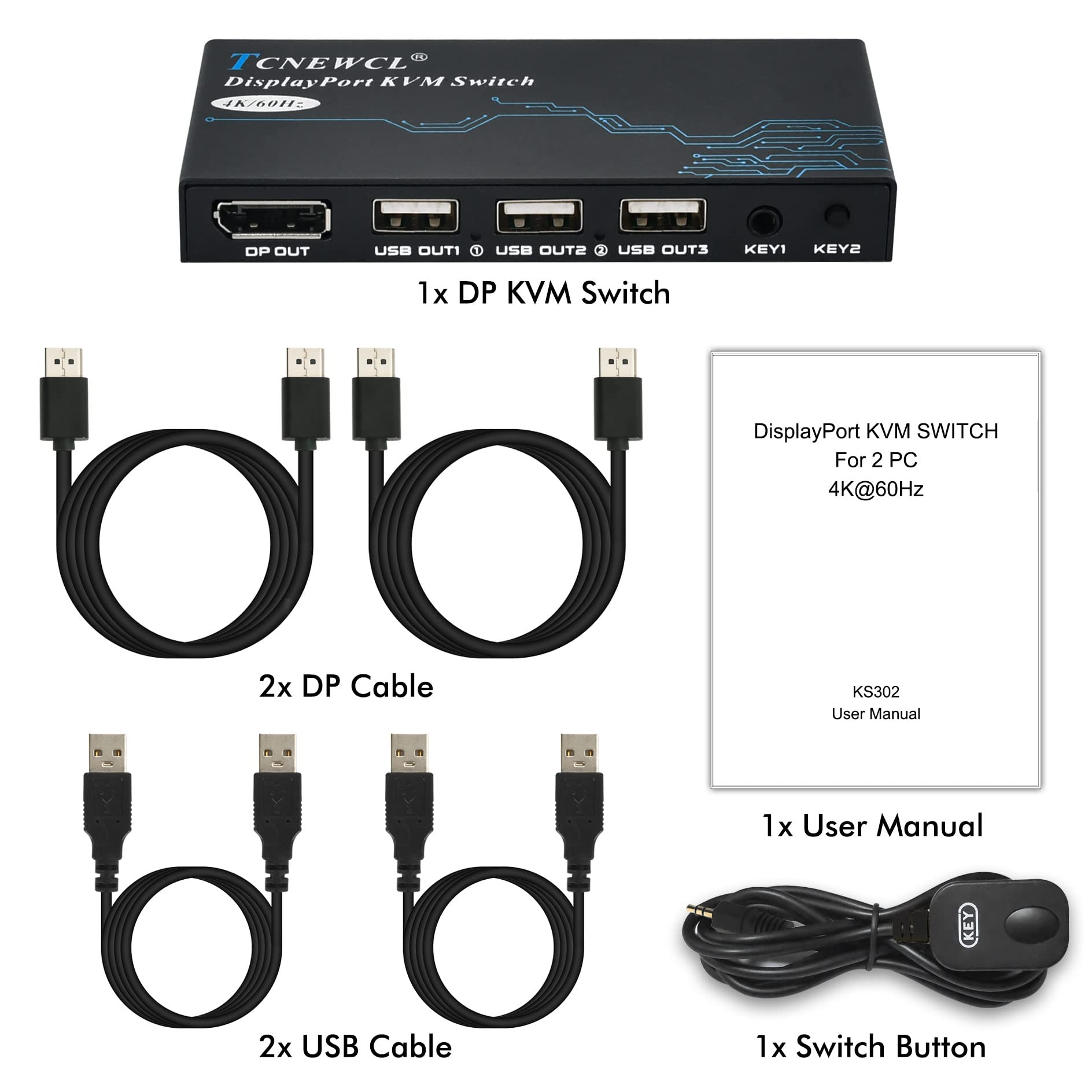 KVM Switch DisplayPort, 2 Port DP KVM Switch for 1 HD Monitor 2 Computers to Share 3 USB 2.0 Device Keyboard Mouse Printer, Support 4K@60Hz, Included 2 DP and 2 USB Cables