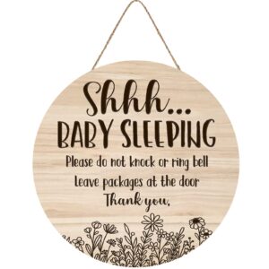 shhh... baby sleeping hanging sign plaque, do not knock or ring the bell, round sturdy wooden door hanger for baby room, nursery, kindergarten, bedroom, door knob decor 12in