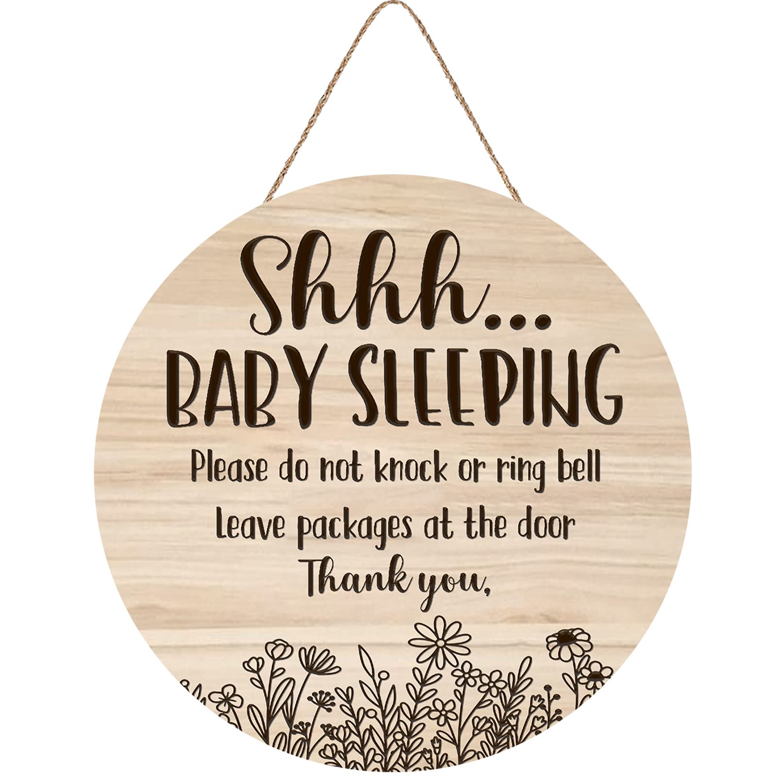 Shhh... Baby Sleeping Hanging Sign Plaque, Do Not Knock Or Ring The Bell, Round Sturdy Wooden Door Hanger for Baby Room, Nursery, Kindergarten, Bedroom, Door Knob Decor 12In