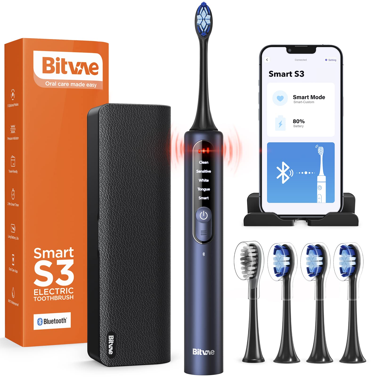 Bitvae Smart S3 Sonic Electric Toothbrush for Adults, 180-Day Battery Life Rechargeable Electric Power Toothbrush with Pressure Sensor, Electric Toothbrush with 4 Brush Heads, Travel Case, Dark Blue