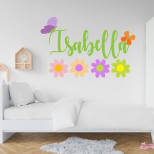 Custom Name Flowers Wall Decal - Personalized Name Butterfly Decor - Daisy Wall Decal Peel and Stick - Pastel Flowers - Girls Flowers Wall Stickers - Wall Decal for Home Nursery Bedroom Decoration