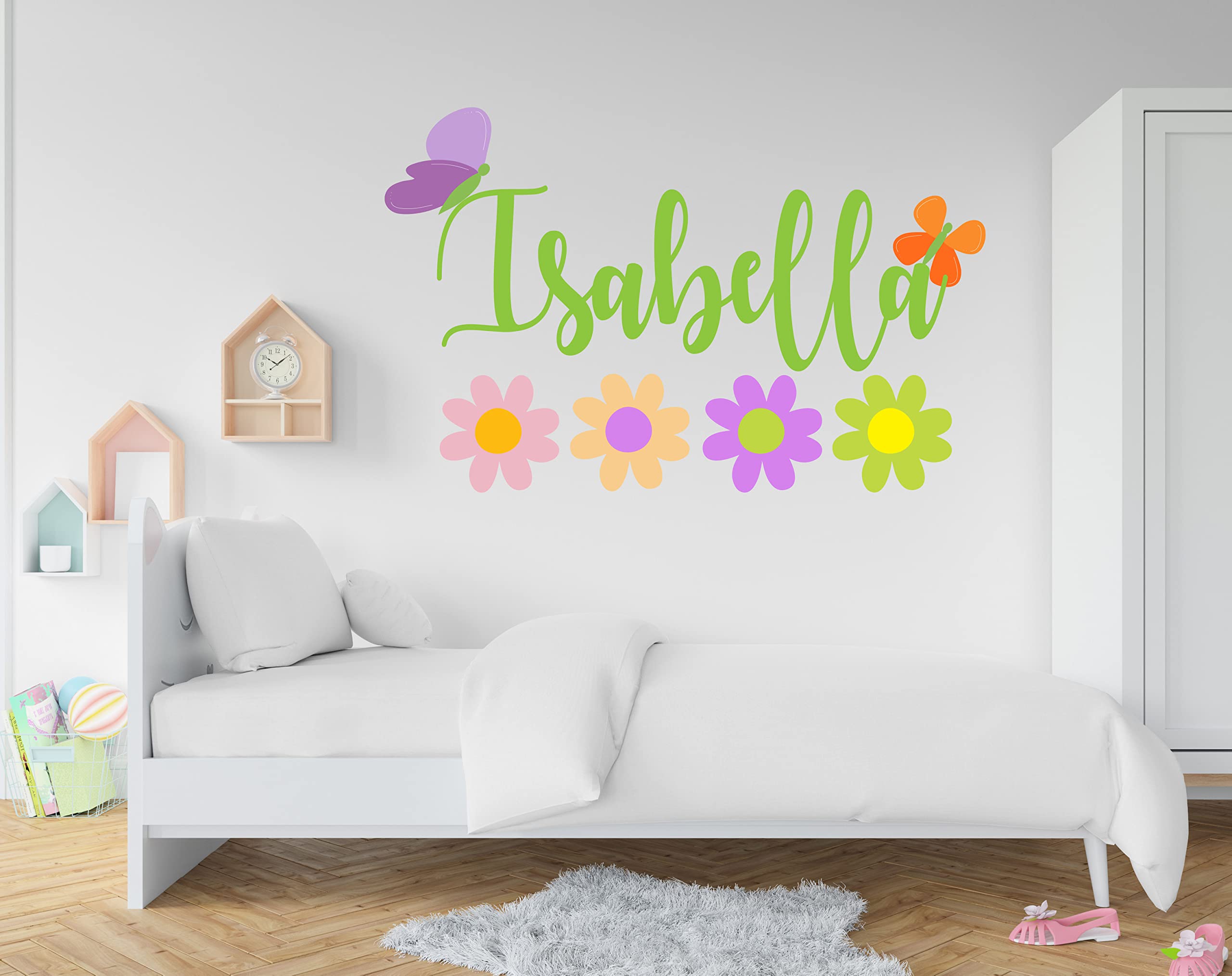 Custom Name Flowers Wall Decal - Personalized Name Butterfly Decor - Daisy Wall Decal Peel and Stick - Pastel Flowers - Girls Flowers Wall Stickers - Wall Decal for Home Nursery Bedroom Decoration