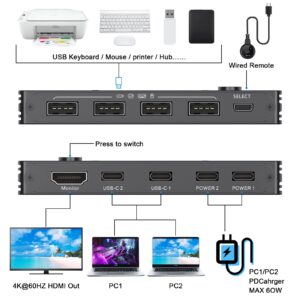 USB Type-C KVM Switch 4K@60Hz, 2 Computers Share 1 Monitor and 4 USB Devices, Compatible with Thunderbolt 3, with 87 W Power Delivery Option, Support HDMI+USB+Type-C 3.1 Input