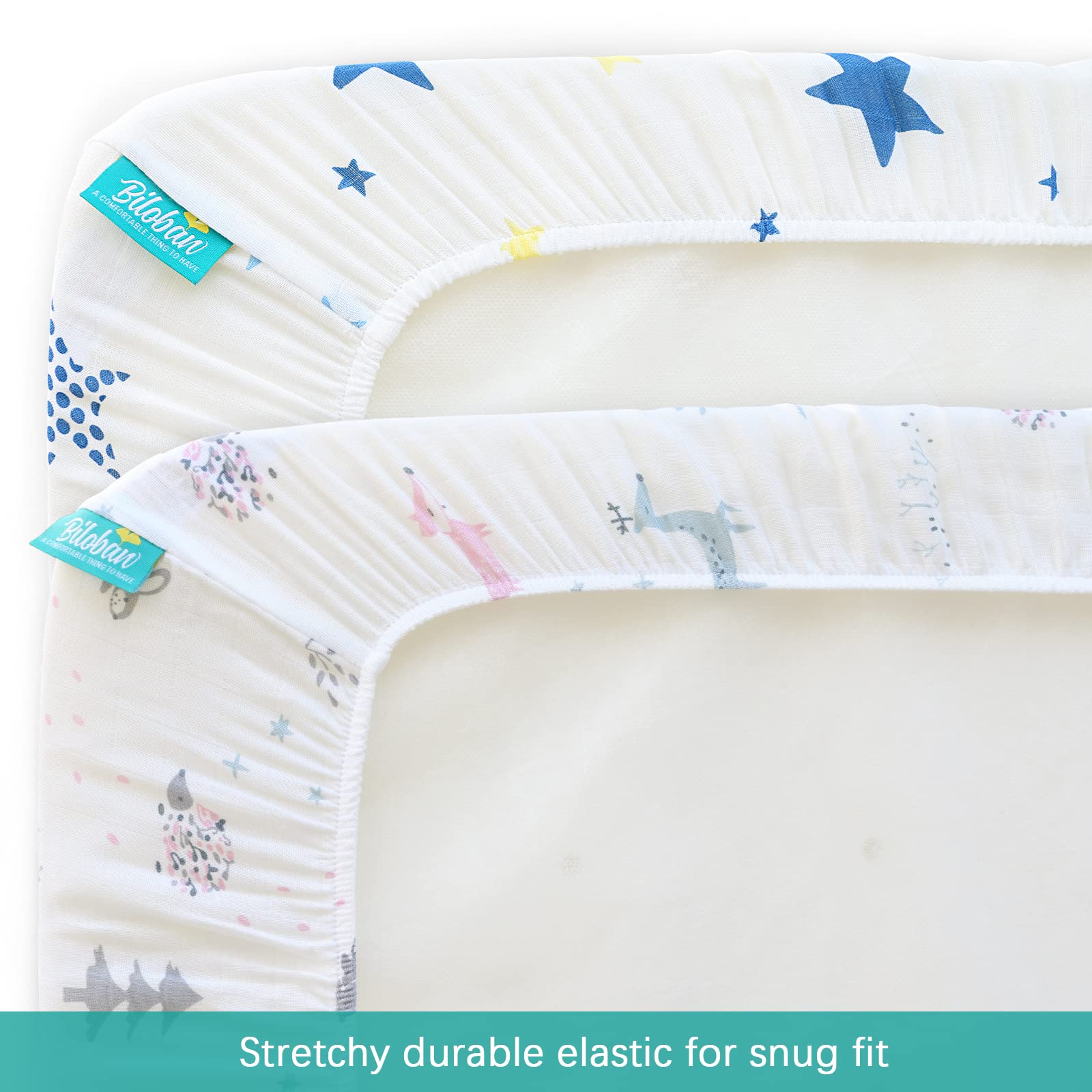 Muslin Bassinet Sheets 20''x33'' Fit for Baby Delight, Mika Micky, Koolerthings (3 in 1), Maxi COSI, Angelbliss and Other Rectangle Bassinet Mattress, Ultra Soft and Breathable, Star & Fox, 2 Pack