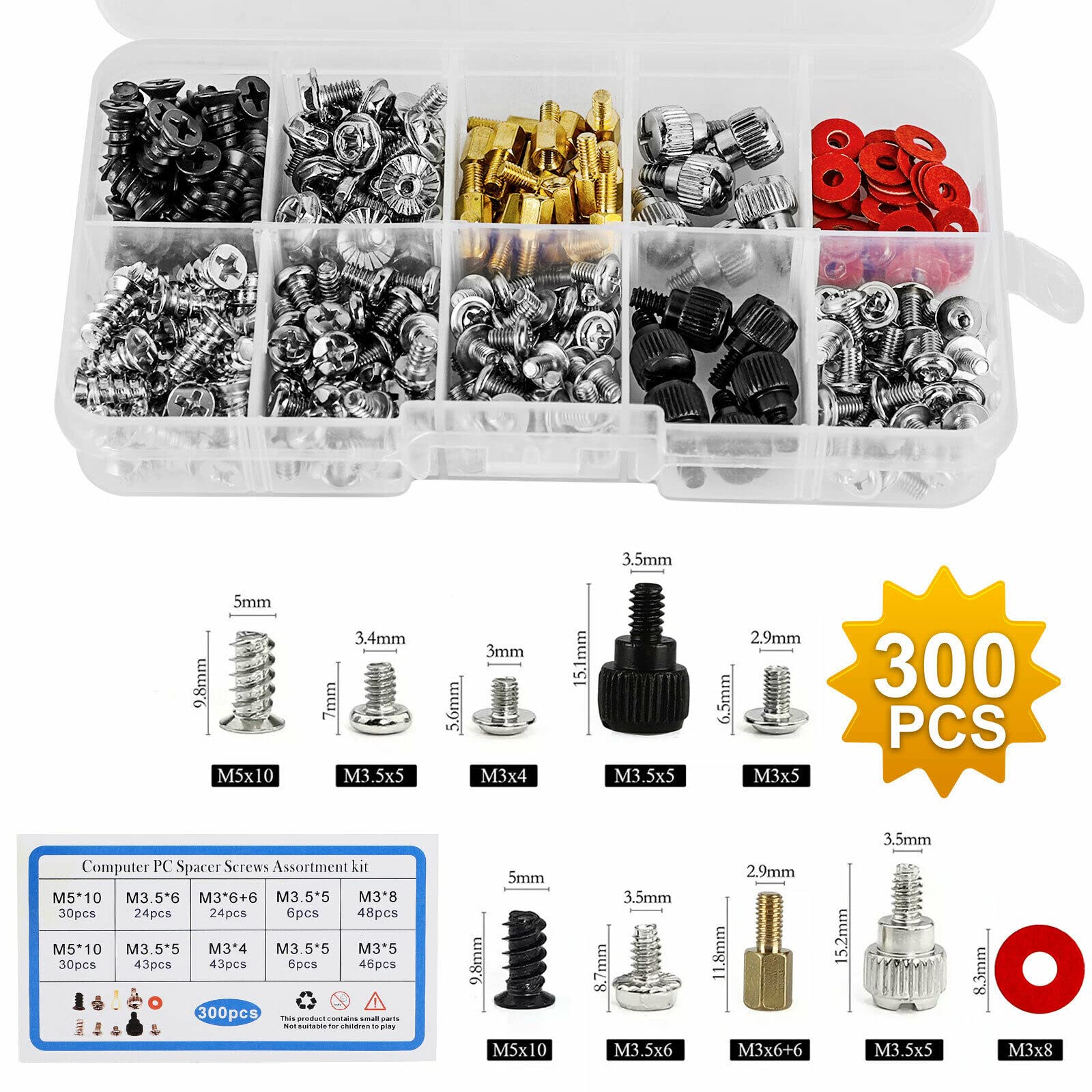 MOOKEENONE 300 Pcs Computer Metal Screws Standoffs Kit for Hard Drive Computer Case Power