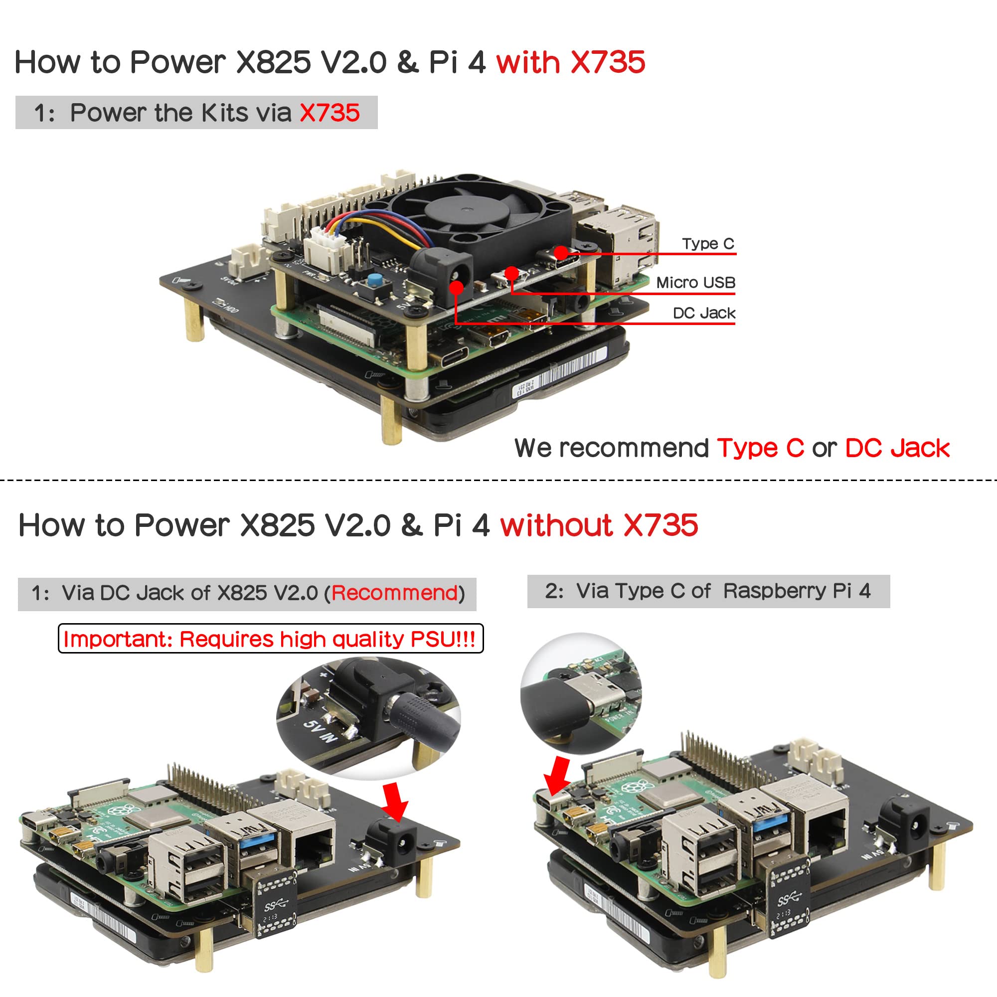 Geekworm X825 V2.0 2.5 inch SATA HDD/SSD Board + X735 Power Management Board + Metal Case with Power Switch and Cooling Fan + DC 12V 5A PSU Kit for Raspberry Pi 4 (Not Include Raspberry Pi 4)