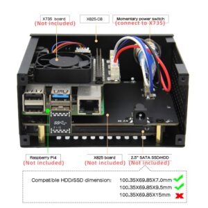 Geekworm X825 V2.0 2.5 inch SATA HDD/SSD Board + X735 Power Management Board + Metal Case with Power Switch and Cooling Fan + DC 12V 5A PSU Kit for Raspberry Pi 4 (Not Include Raspberry Pi 4)