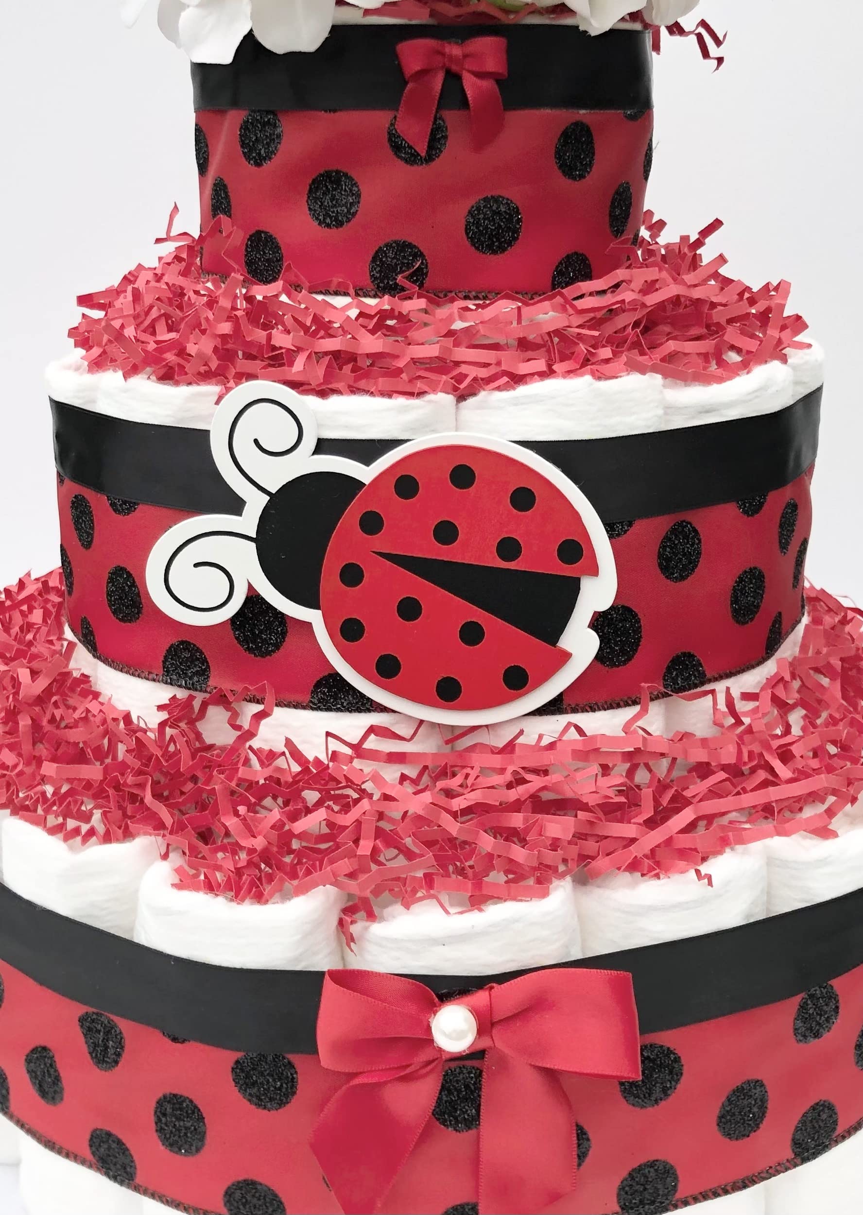 Diaper Cake - Ladybug Style - Neutral - Baby Shower - Centerpiece -3 Tier Cake - Gift