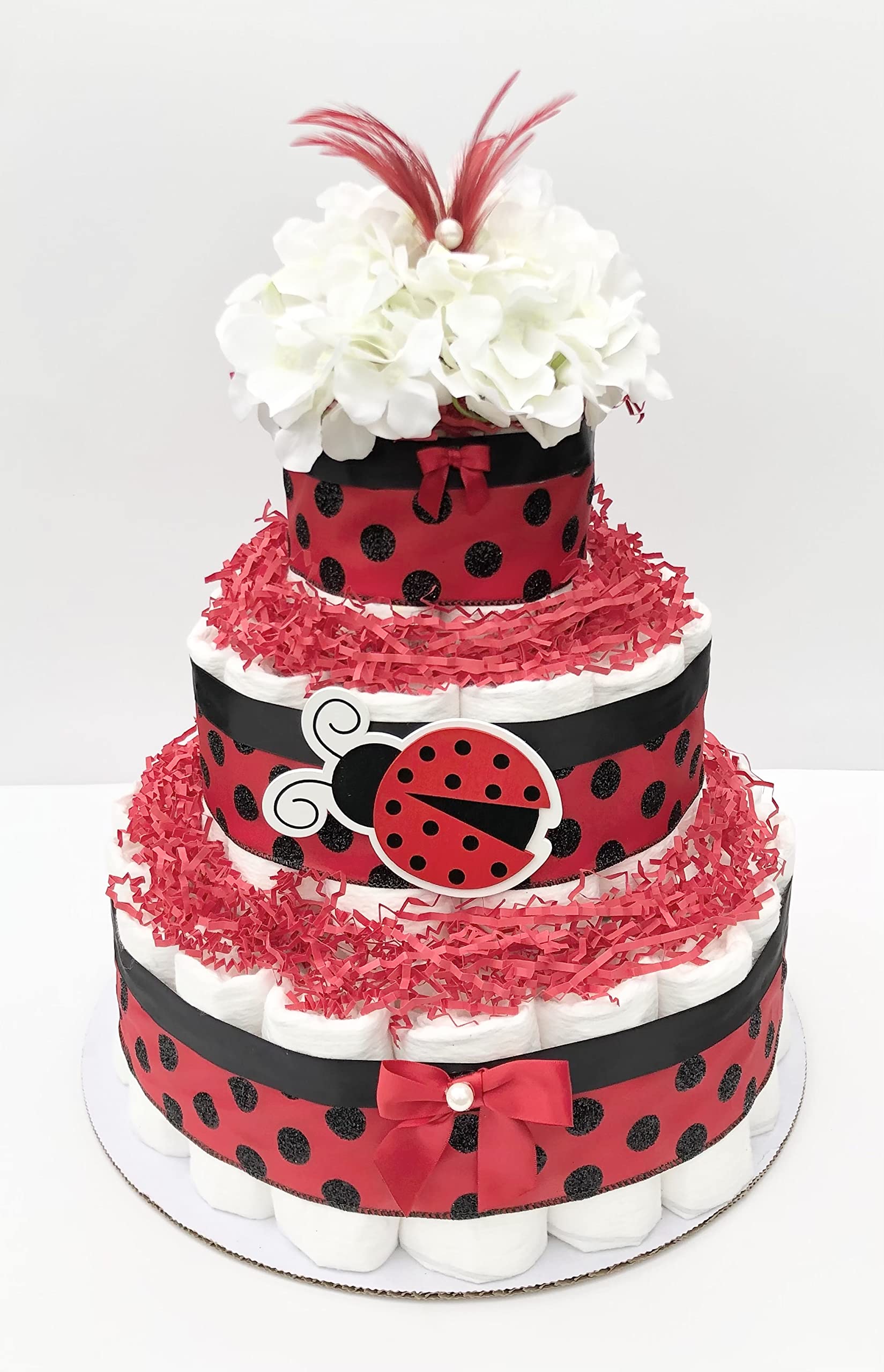 Diaper Cake - Ladybug Style - Neutral - Baby Shower - Centerpiece -3 Tier Cake - Gift