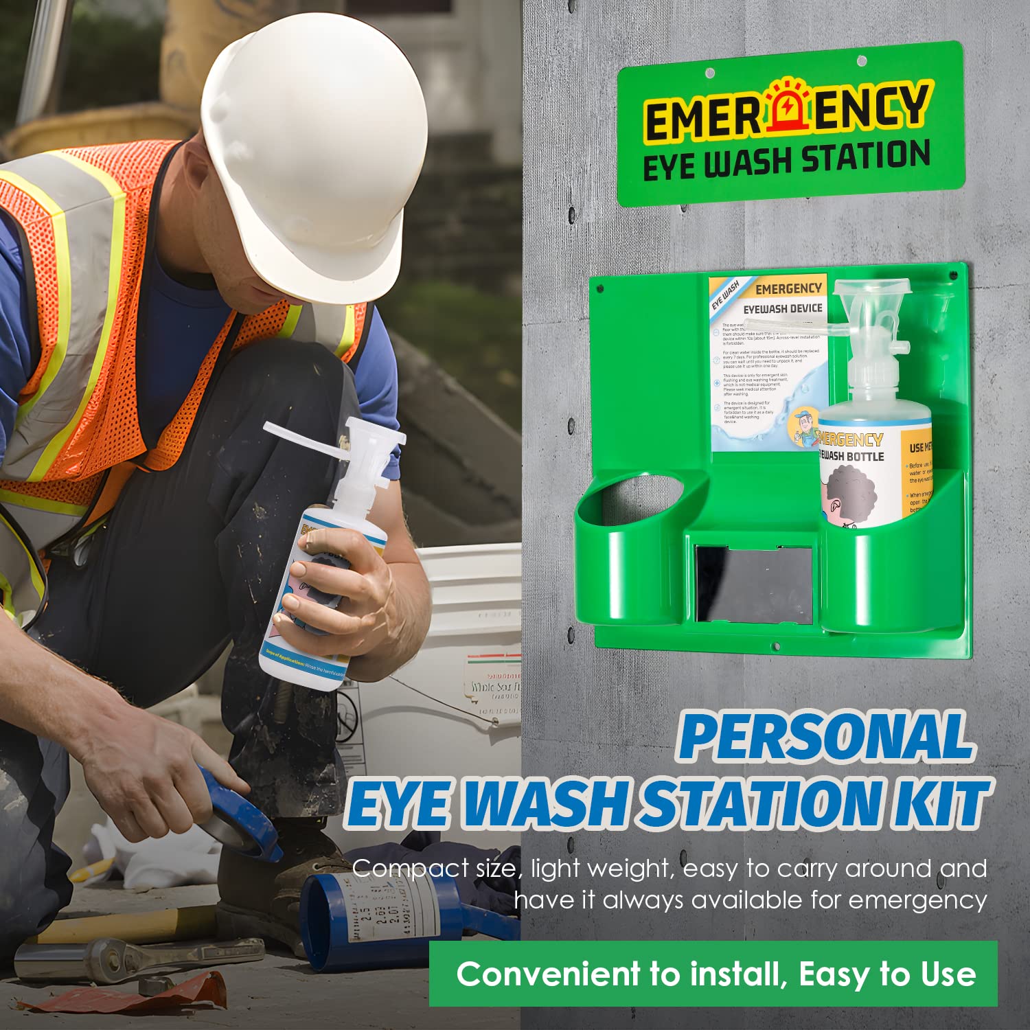 Frifreego Eye Wash Station Portable Eye Wash Kit for Emergency, Emergency Eye Wash Station with Two Bottles of 16 Ounce, Wall Mount Eyewash kit with Mirror & Emergency Sign, Personal Use, No Liquid