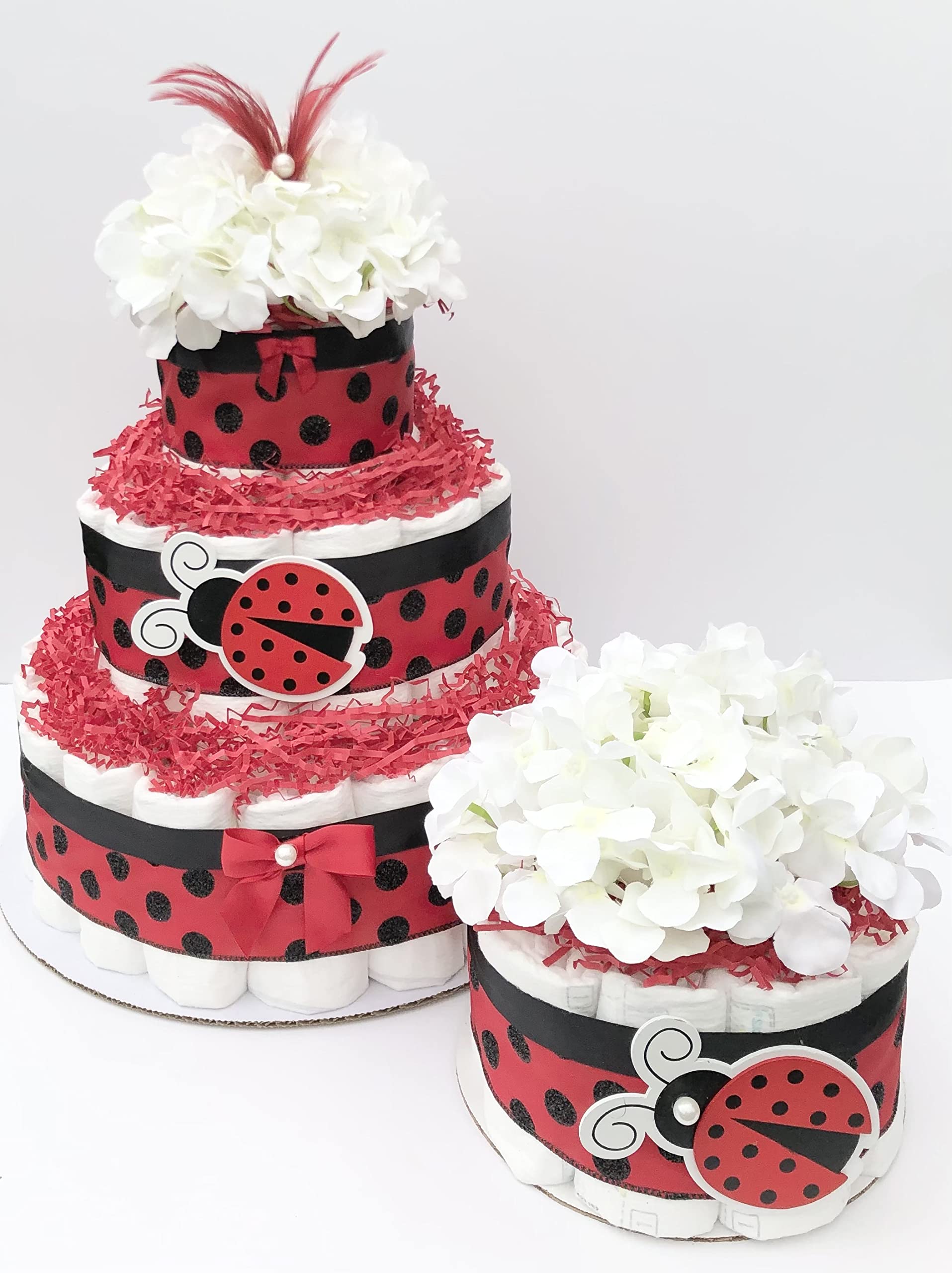 Diaper Cake - Ladybug Style - Neutral - Baby Shower - Centerpiece -3 Tier Cake - Gift