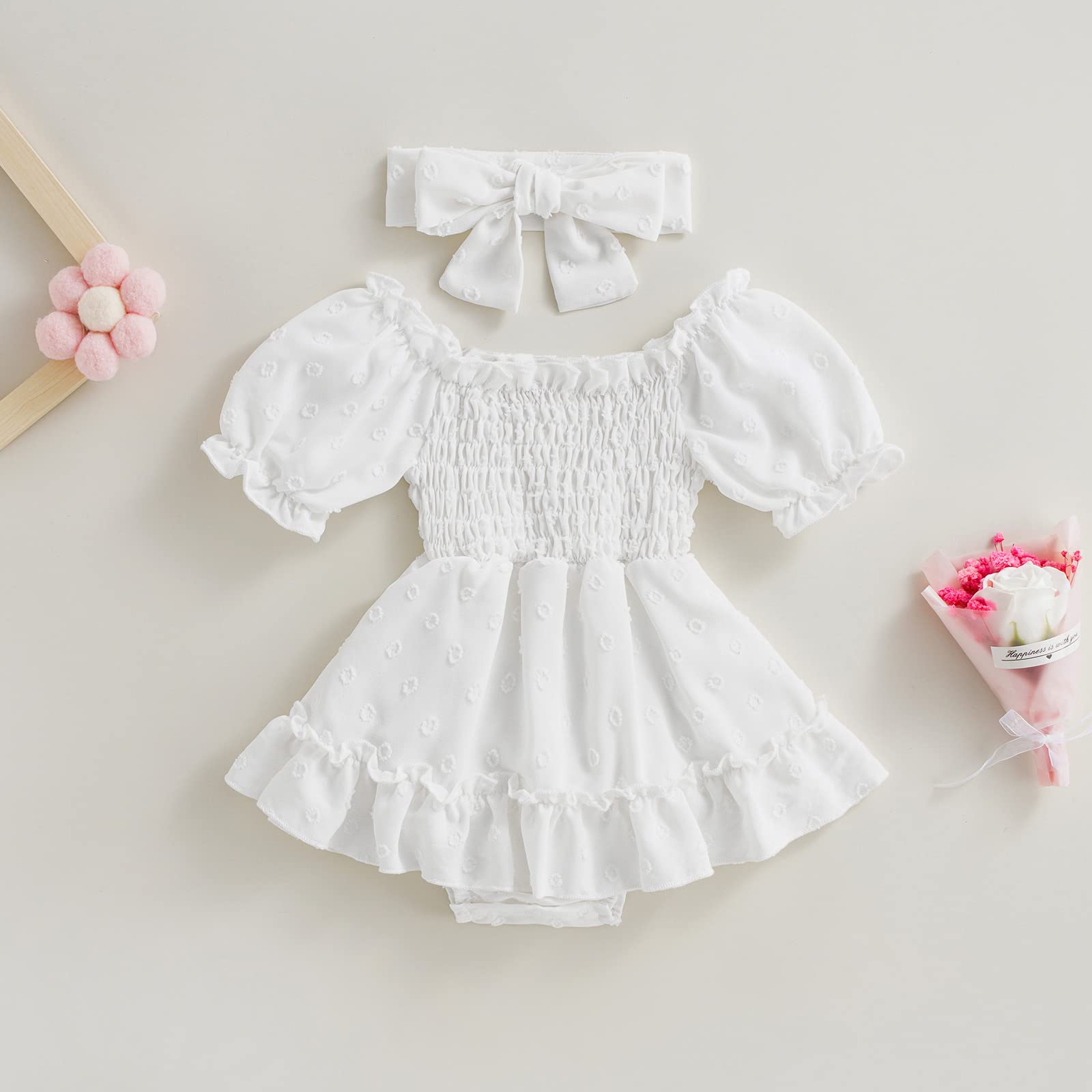 MERSARIPHY Infant Baby Girl Romper Dress Pleated Chiffon Summer Clothes Baby Romper with Headband (White, 0-6 Months)