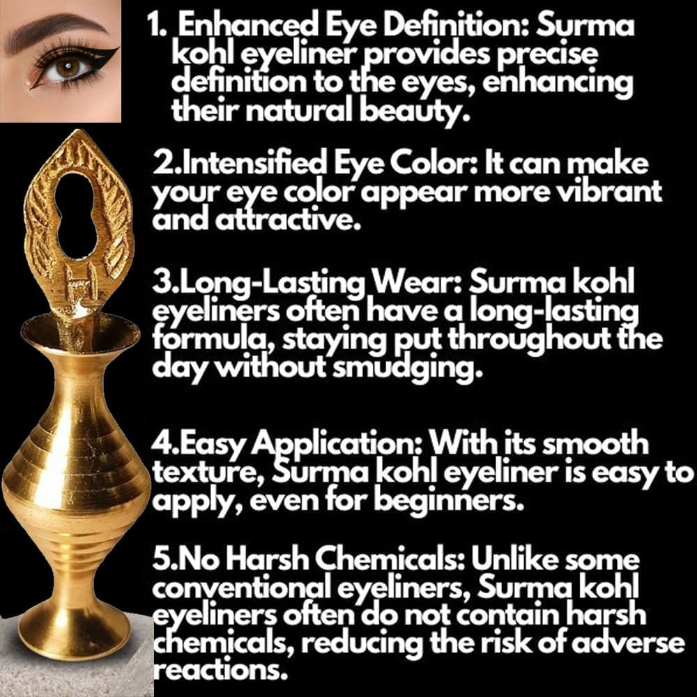 Islamic Brass Surmadani Antique Bottle Hand Pot Women Accessories Eyeliner Kajal Holder Case Vintage Engraved Crafted Wedding Party Without Surma-3.5Inch with Pack of 1 Eyeliner