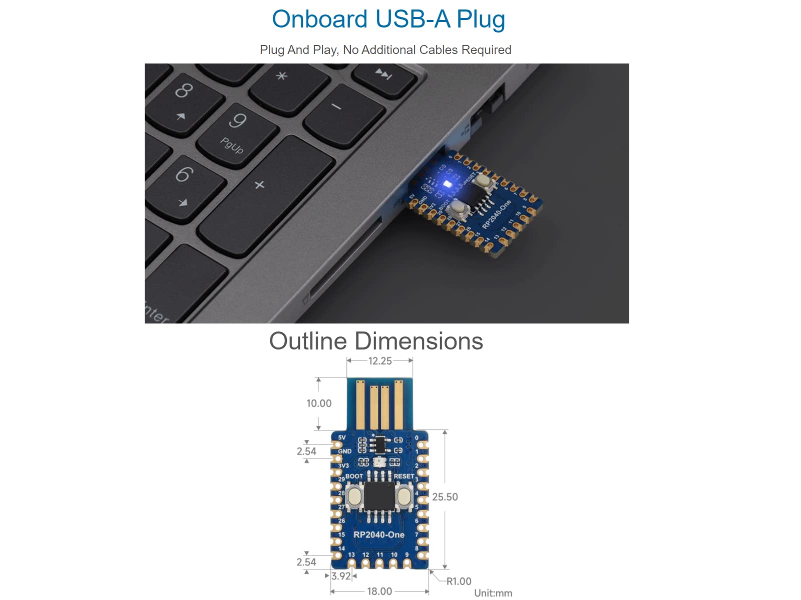 waveshare RP2040-One Microcontroller Development Board Type-A 4MB Flash Pico-Like MCU Board Based on Raspberry Pi RP2040,PCB USB-A Port,Support C/C++,MicroPython