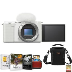 sony zv-e10 mirrorless camera, white bundle with corel pc software suite, 32gb sd card, shoulder bag