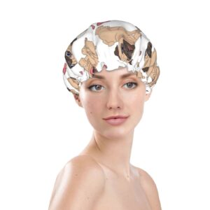 White Brown Pug Shower Cap for Women,Double Waterproof Layers Bathing Shower Hat Large Designed for all Hair