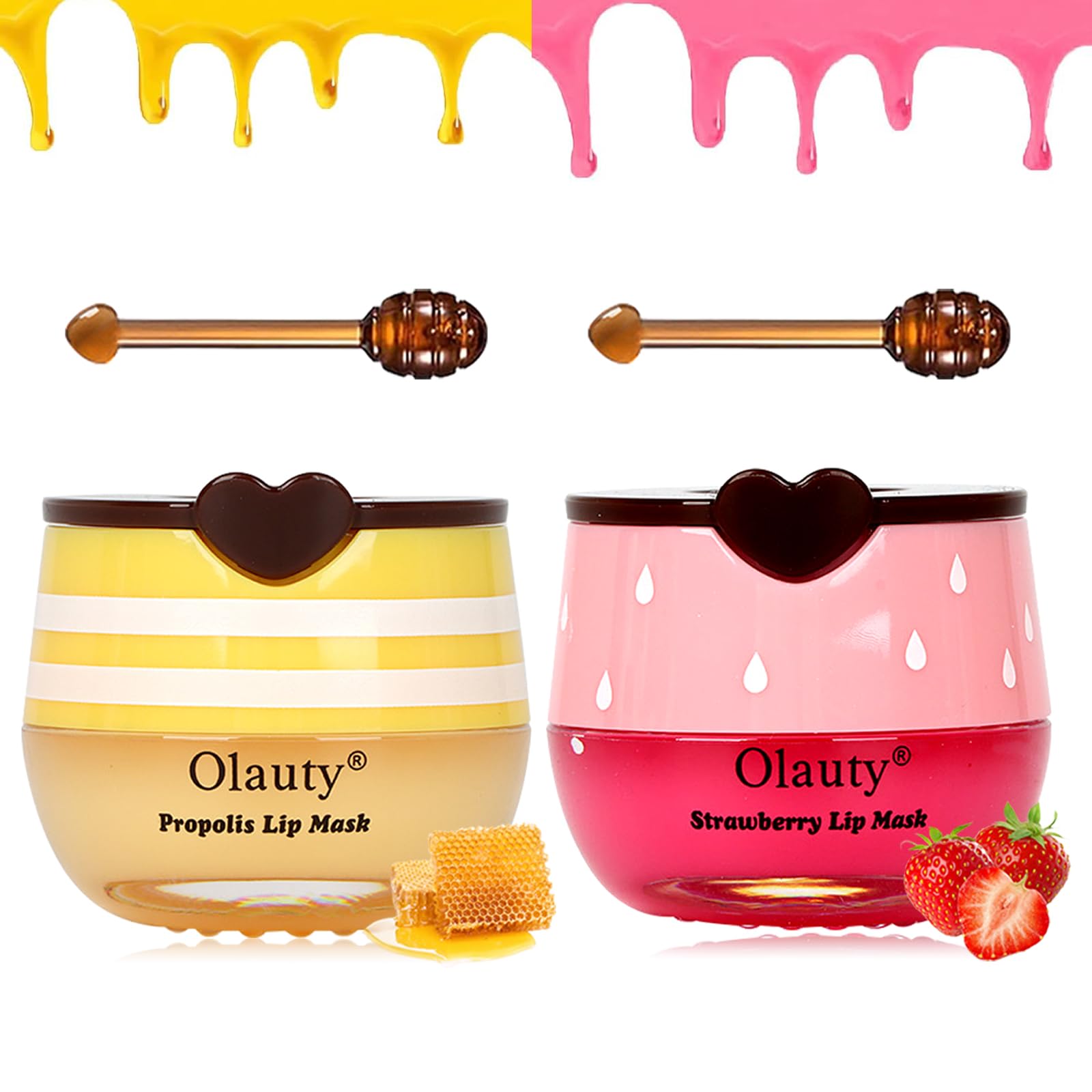 Bee Lip Balm Honey Pot, 2 PCS Strawberry & Honey Lip Masks Hydrating Prevention Dry and Cracked Lip Scrubs Exfoliator,Lip Sleep Mask Reduces Lip Lines,Lip Exfoliating BeeLip Balm Sleeping Lip Mask