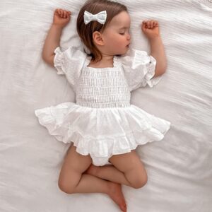 MERSARIPHY Infant Baby Girl Romper Dress Pleated Chiffon Summer Clothes Baby Romper with Headband (White, 0-6 Months)