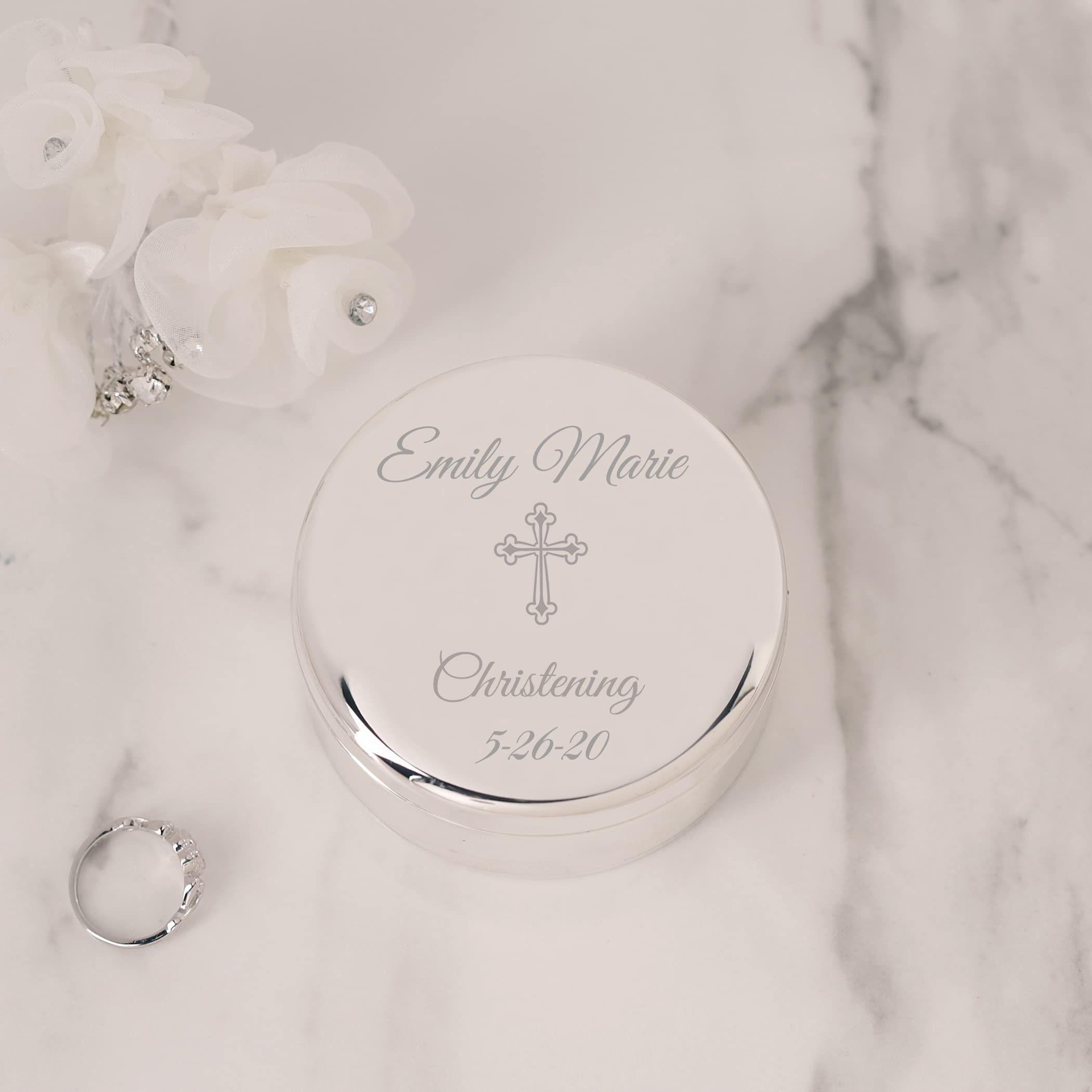 Personalized Round Jewelry Keepsake Box with Custom Name and Engraved Cross with Message for Baby Christening Gift, Silver Toned