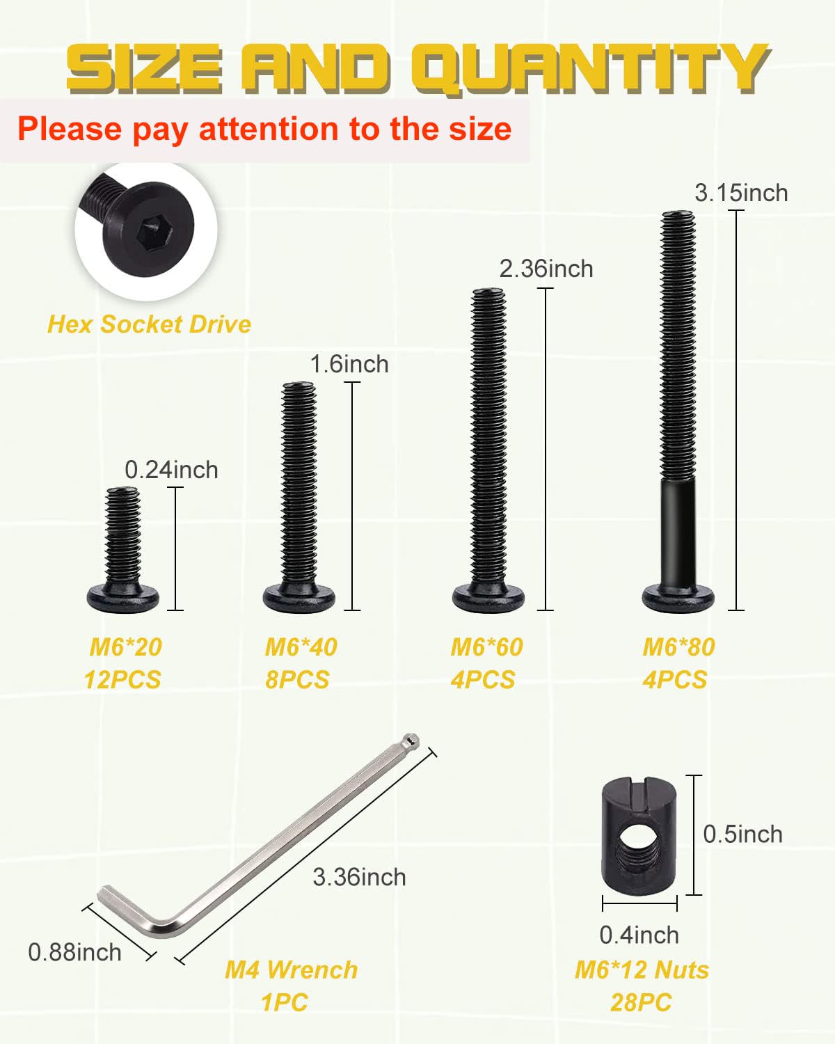 Crib Screws Hardware Replacement Kit - 28 Set Baby Bed Frame Bolts &Barrel Nuts Set,M6x20/40/60/80 mm Hex Drive Socket Cap Screws Barrel Nuts