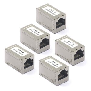 vcelink rj45 coupler shielded, ethernet cable extender cat6/cat5e/cat5 inline coupler poe female to female connector in silver, 5-pack