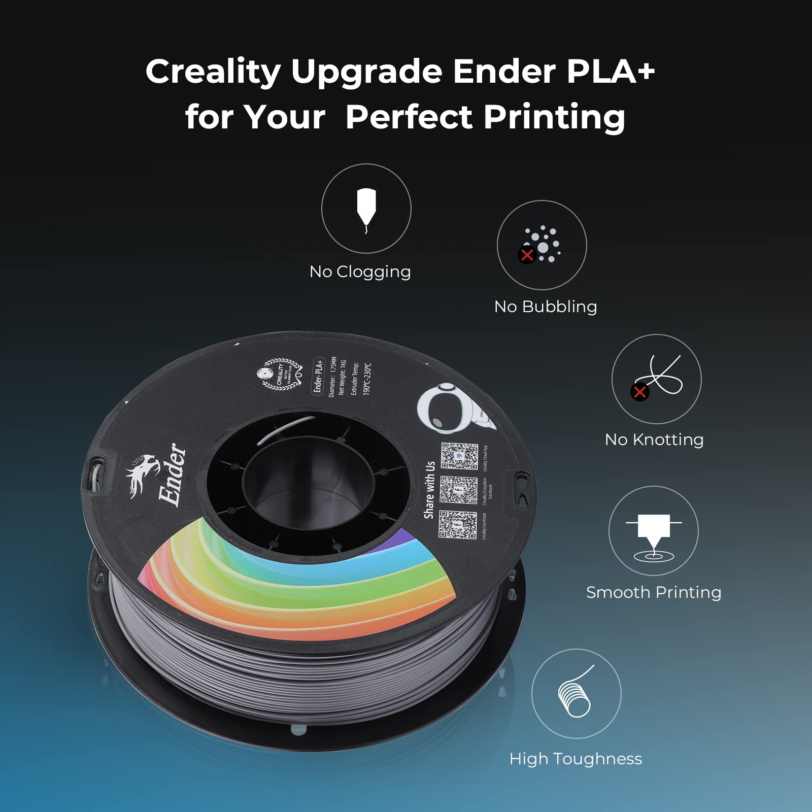 Official Creality Upgrade Ender 3D Printer Filament, Grey PLA+ Filament 1.75mm, 1kg Spool (2.2lbs), Accuracy +/- 0.02mm, 3D Printing Filament, Strong Toughness, Vacuum Packaging, Environment Friendly