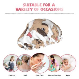 White Brown Pug Shower Cap for Women,Double Waterproof Layers Bathing Shower Hat Large Designed for all Hair