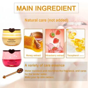 Bee Lip Balm Honey Pot, 2 PCS Strawberry & Honey Lip Masks Hydrating Prevention Dry and Cracked Lip Scrubs Exfoliator,Lip Sleep Mask Reduces Lip Lines,Lip Exfoliating BeeLip Balm Sleeping Lip Mask