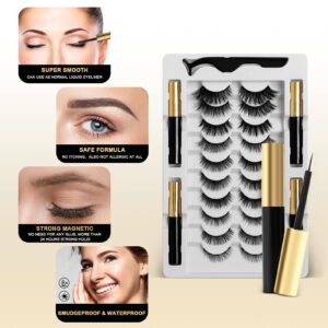 YUHYtop Natural Magnetic Eyelashes, Magnetic Eyelashes Natural Look, 10 Pairs Reusable Eye Lashes 4 Tubes of Eyeliner with Tweezer, Reusable Fake Eyelashes with Tweezer, No Glue Need, Natural