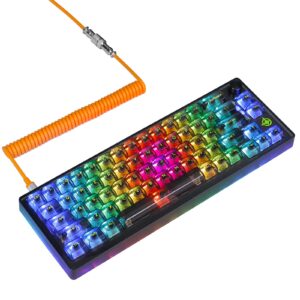 65% Hot-Swap Wired Mechanical Gaming Keyboard Programmable with Transparent 66 Key Full Side RGB OWERTY Linear Ice White Switch Custom Coiled C to A Cable Media Knob 2-IN-1 Case for WIN/PC/MAC(Black)