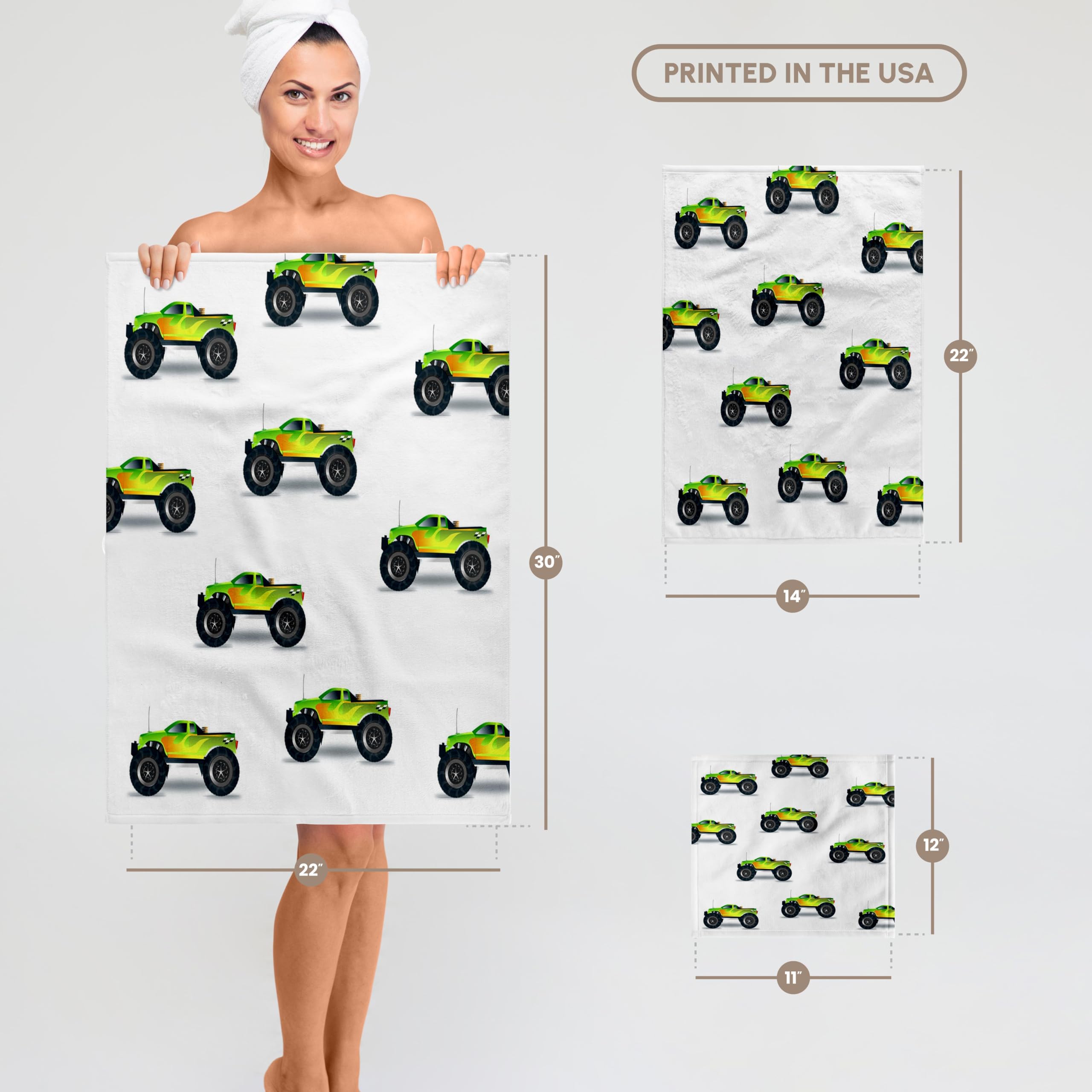 3dRose - Florene - Décor III - Print of Cute Monster Trucks Repeat Pattern - Towels (twl-212610-3)