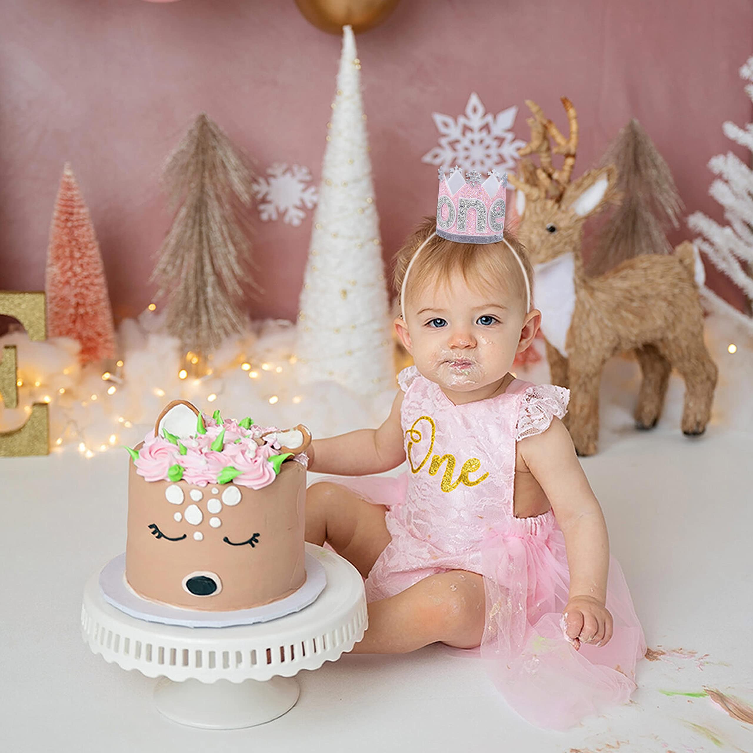 Agkvw Winter Onederland Crown - Snowflake Glitter Hat for Baby Girl's 1st Birthday, Pink and Silver Decorations