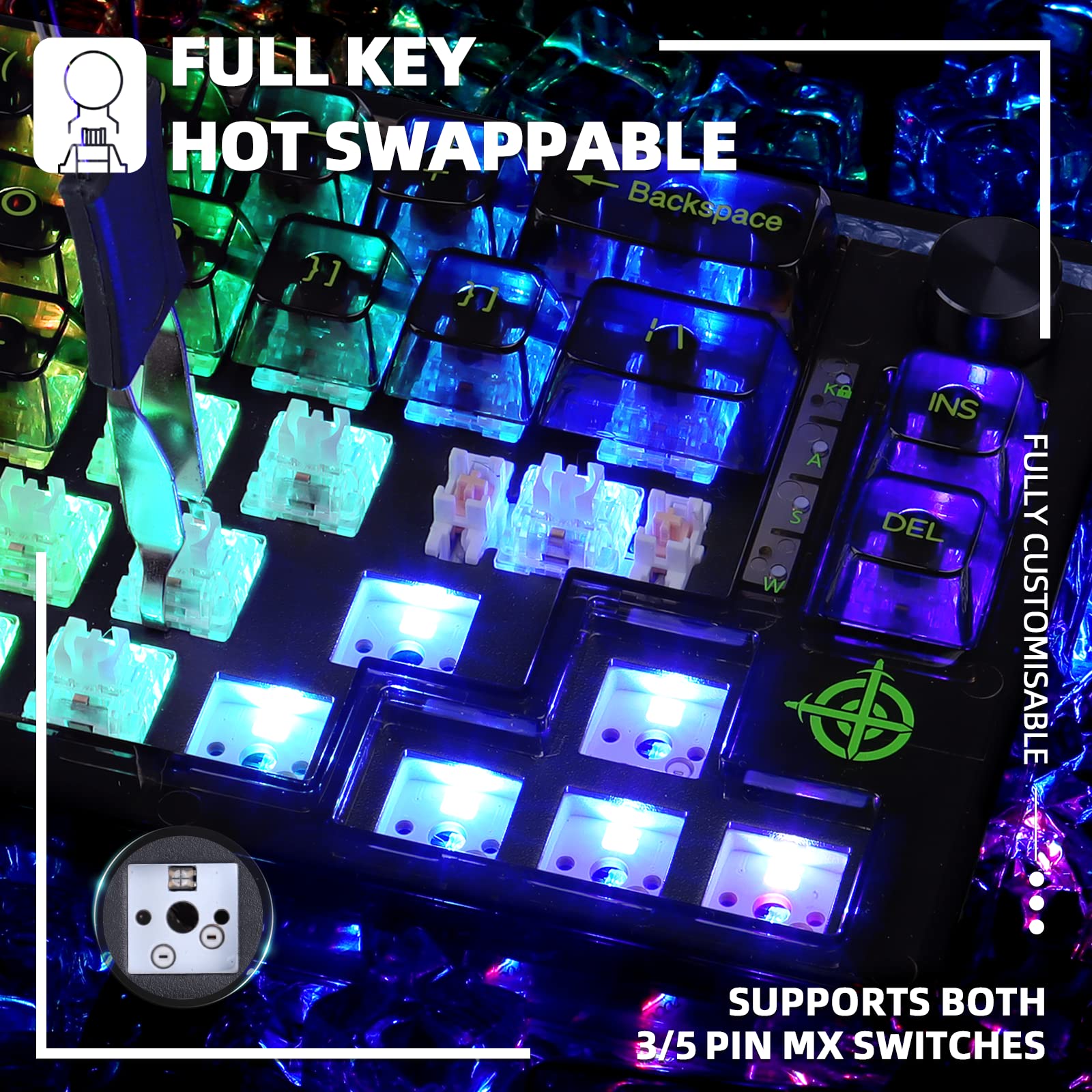 65% Hot-Swap Wired Mechanical Gaming Keyboard Programmable with Transparent 66 Key Full Side RGB OWERTY Linear Ice White Switch Custom Coiled C to A Cable Media Knob 2-IN-1 Case for WIN/PC/MAC(Black)