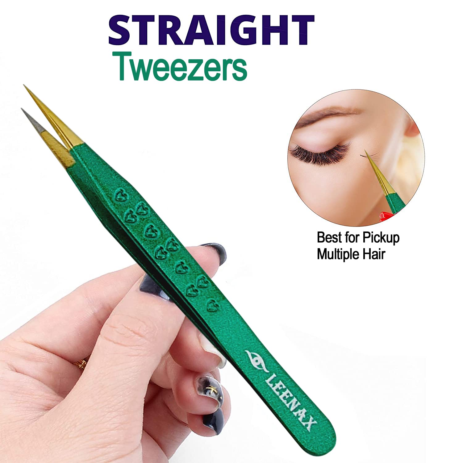 Leenax 2 Pieces Fiber Tip (Anti – Slip) Eyelash Extension Tweezers, Straight And 45-Degree Volume Tweezers, Japanese Stainless Steel, Hearts Design (Green).