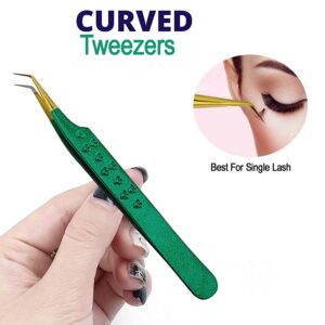 Leenax 2 Pieces Fiber Tip (Anti – Slip) Eyelash Extension Tweezers, Straight And 45-Degree Volume Tweezers, Japanese Stainless Steel, Hearts Design (Green).