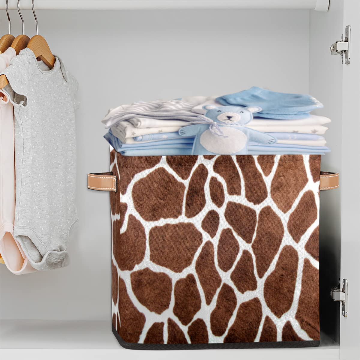 Storage Basket Animal Giraffe Skin Print Collapsible Storage Bin with Handles Large Canvas Storage Cubes Toy Basket for Shelves Closet Nursery Cabinet Living Room Organizer 13x13x13"