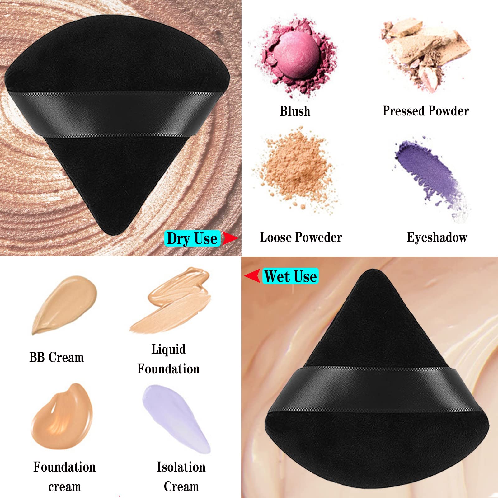 2 Pieces Powder Puff Face Cosmetic 2.76 Inch Soft Triangle Powder Puffs Washable Reusable Velour Cotton Puff Setting Makeup Sponge for Under Eyes and Face Corners Body Loose Powder Makeup Tool (Black)