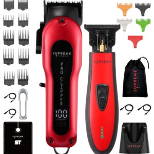 Supreme Trimmer 2-in-1 Pro Clipper & DLC T-Shaper Combo | Professional Beard Trimmer ST5215 & Hair Clipper STC5030 Barber Kit | Red