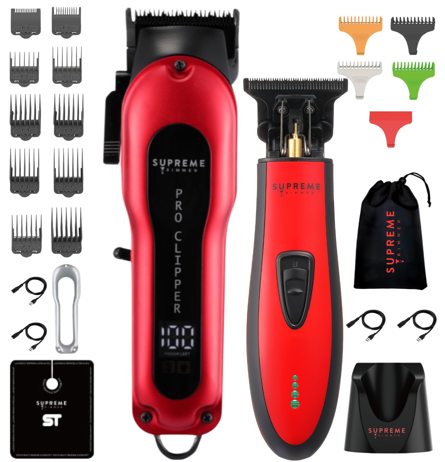 Supreme Trimmer 2-in-1 Pro Clipper & DLC T-Shaper Combo | Professional Beard Trimmer ST5215 & Hair Clipper STC5030 Barber Kit | Red