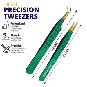 Leenax 2 Pieces Fiber Tip (Anti – Slip) Eyelash Extension Tweezers, Straight And 45-Degree Volume Tweezers, Japanese Stainless Steel, Hearts Design (Green).