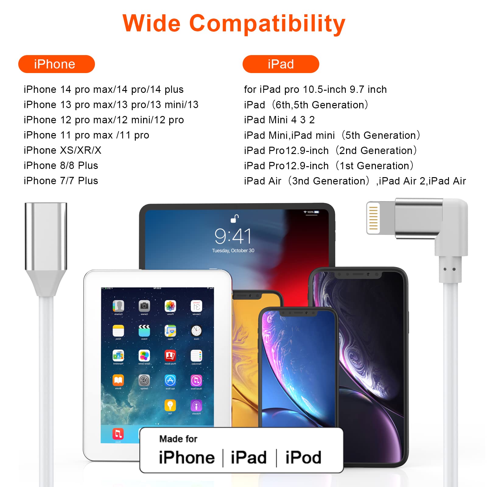 iPhone Charger Extension Cable,[Apple MFi Certified] 90 Degree Lightning Charging Male to Female Extender Dock Cable Adapter for iPhone 14 Pro Max/13/12/11/XS/XR/X/8/7/6 Pass Data Audio