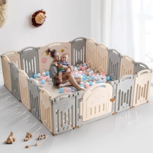 uanlauo baby fence, foldable playpen, 18 panel extra large playpen for babies toddlers infant, safety material portable play yards with gate, no gaps play area indoor outdoor use, grey+cream